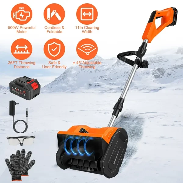 500W Cordless Snow Shovel - 11in Wide 6.3in Deep, 26ft Snow Throwing, 45 Rotatable Guide Plates, 40 Mins Runtime, Foldable Lightweight (7.5lbs) For Driveway/Patio/Steps With Safety Gloves & Goggles