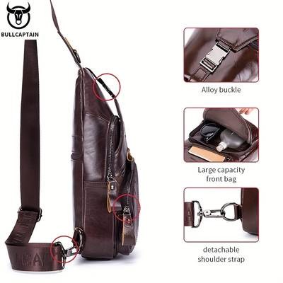 BULLCAPTAIN Mens Genuine Leather Chest Bag  Durable & Hands-Free Design for Modern Adventurers