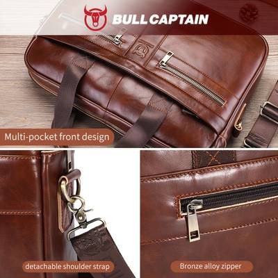 BULLCAPTAIN Mens Genuine Leather Tote Bag  Large Capacity, Multi-Functional Briefcase for Business & Travel