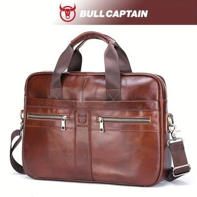 BULLCAPTAIN Mens Genuine Leather Tote Bag  Large Capacity, Multi-Functional Briefcase for Business & Travel