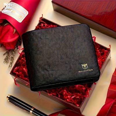 Customizable Mens Genuine Leather Wallet  Elegant Business Style with Golden Embossed Logo, Large Capacity for Cards & Cash