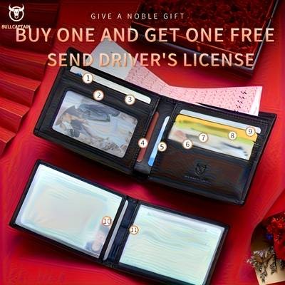 Customizable Mens Genuine Leather Wallet  Elegant Business Style with Golden Embossed Logo, Large Capacity for Cards & Cash