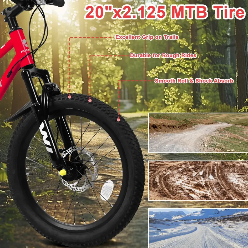 A20184 20 Inch Mountain Kids Bike For Boys & Girls, Ages 6-12, 7-Speed With Front Suspension
