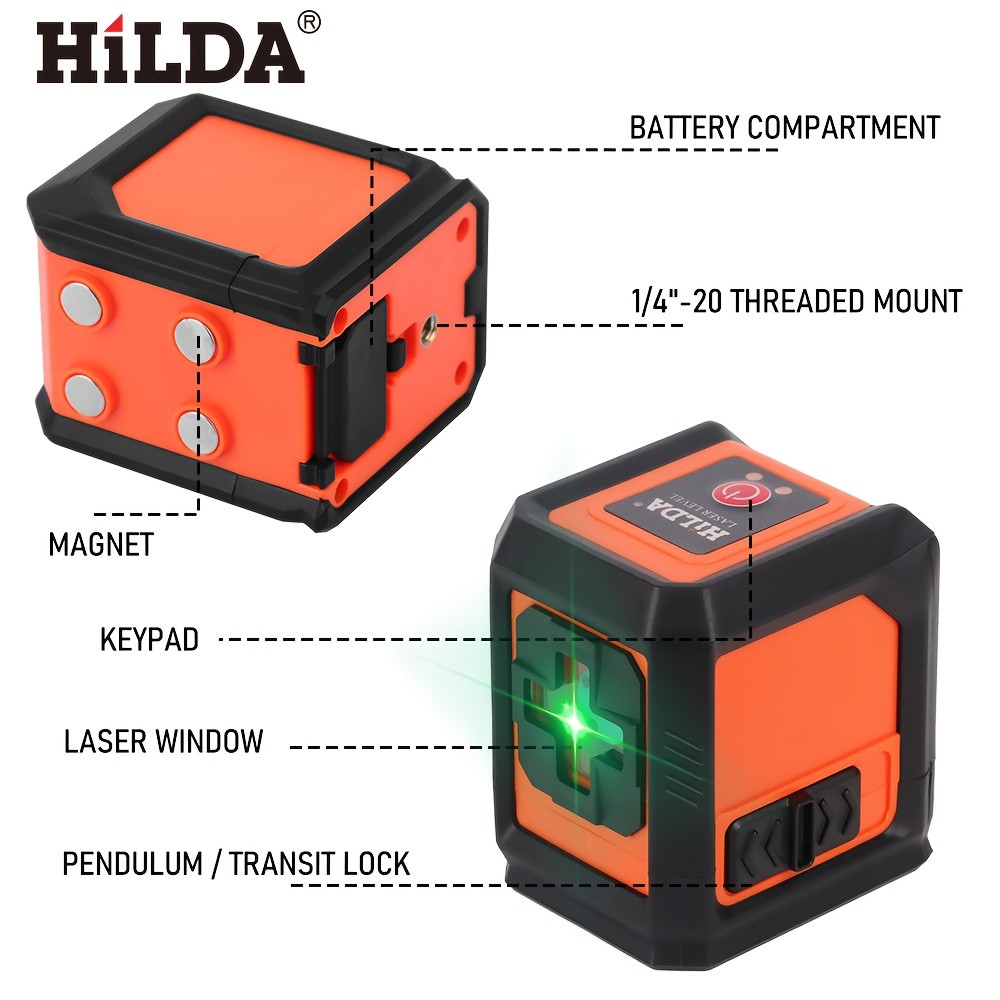 HILDA 2-Line Laser Level with Self-Leveling Horizontal & Vertical Green Cross Lines