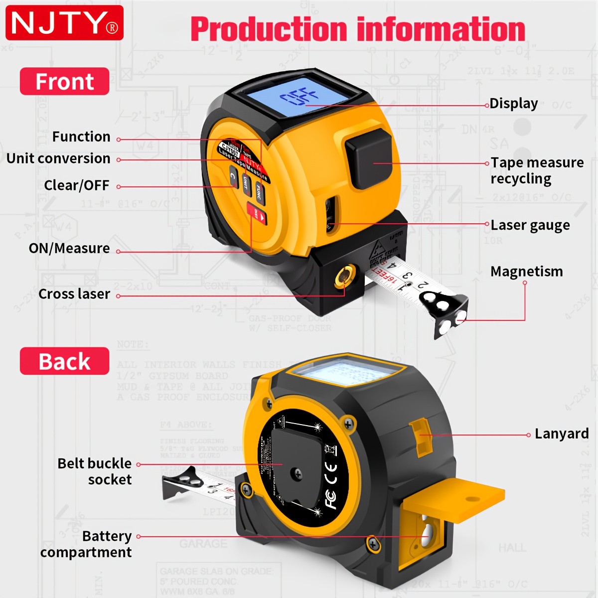 NJTY 3-in-1 Laser Tape Measure CJY007