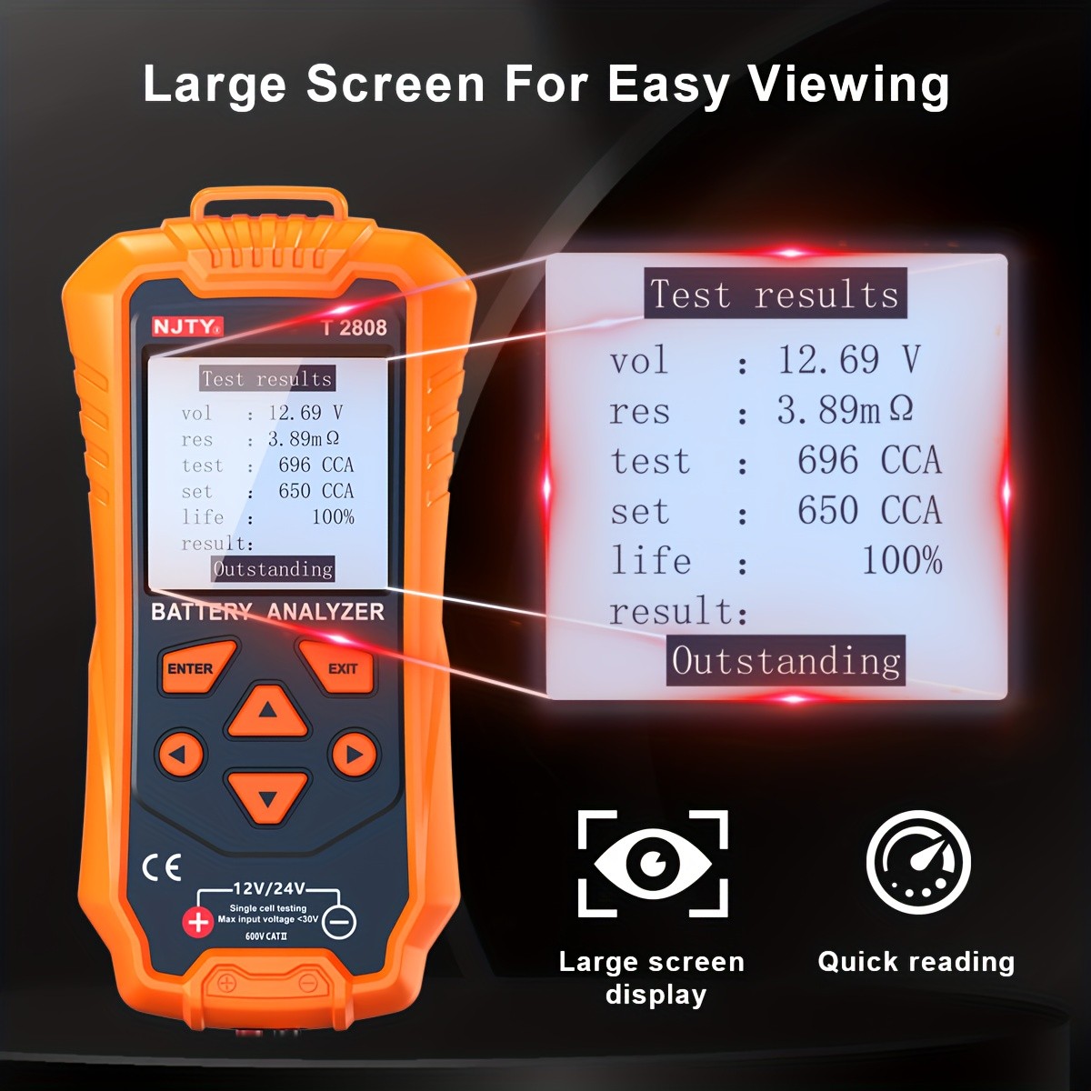 NJTY T2808 Portable 12V/24V Car Battery Tester with Load & Digital Analysis