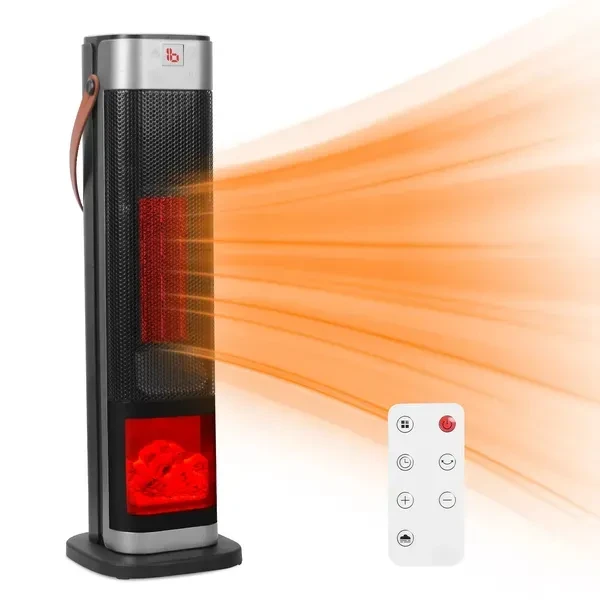 1500W Oscillating Ceramic Tower Space Heater With 3D Flame Portable Electric Heater With 3 Wind Modes F Heating Remote Control 12H Timer Overheat Tip-Over Protection For Bedroom Office