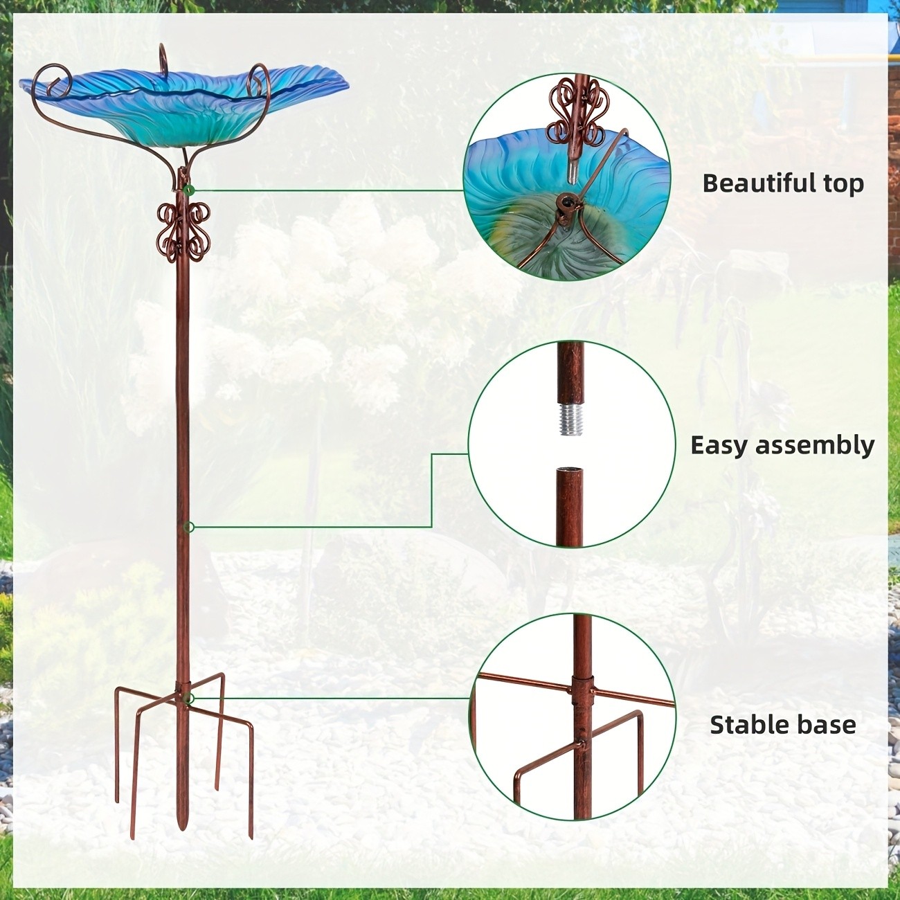 78.99cm Tall Glass Bird Bath & Feeder with Metal Stake