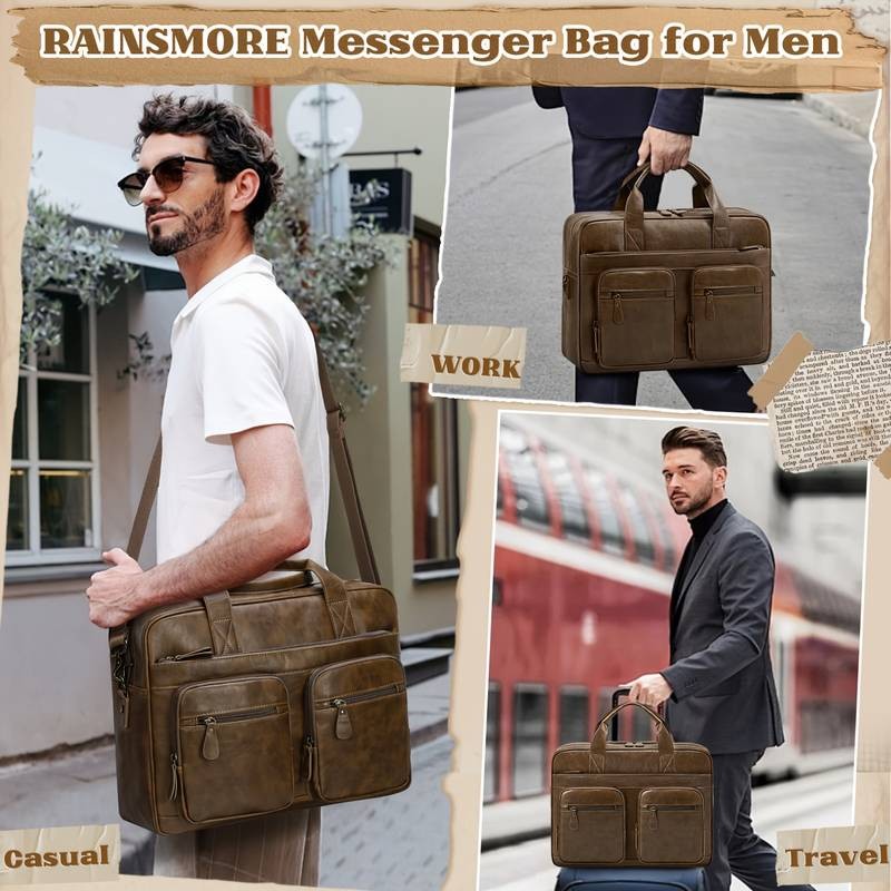 RAINSMORE Vintage Men's Messenger Bag  PU Leather Laptop & Notebook Bag for Business & Travel