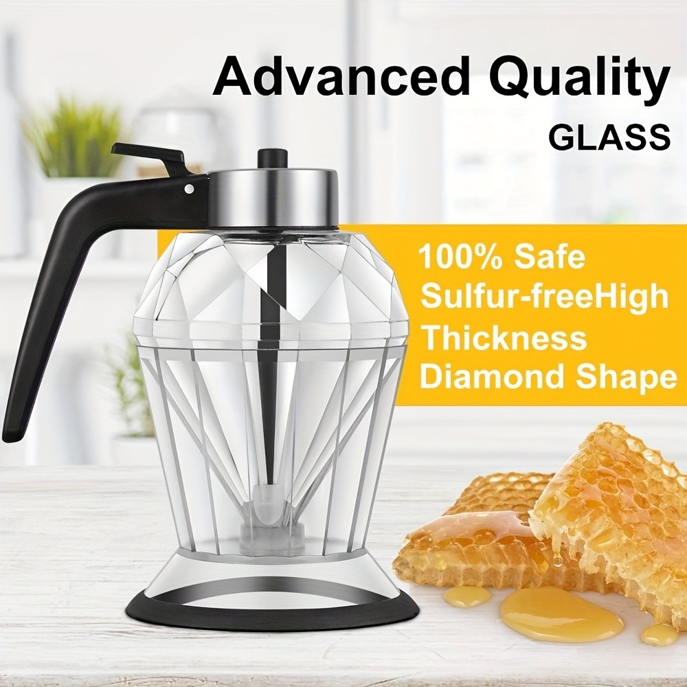 TUOGTCI Glass Honey Syrup Oil Dispenser with Brushed Metal Handle & Non-Slip Base