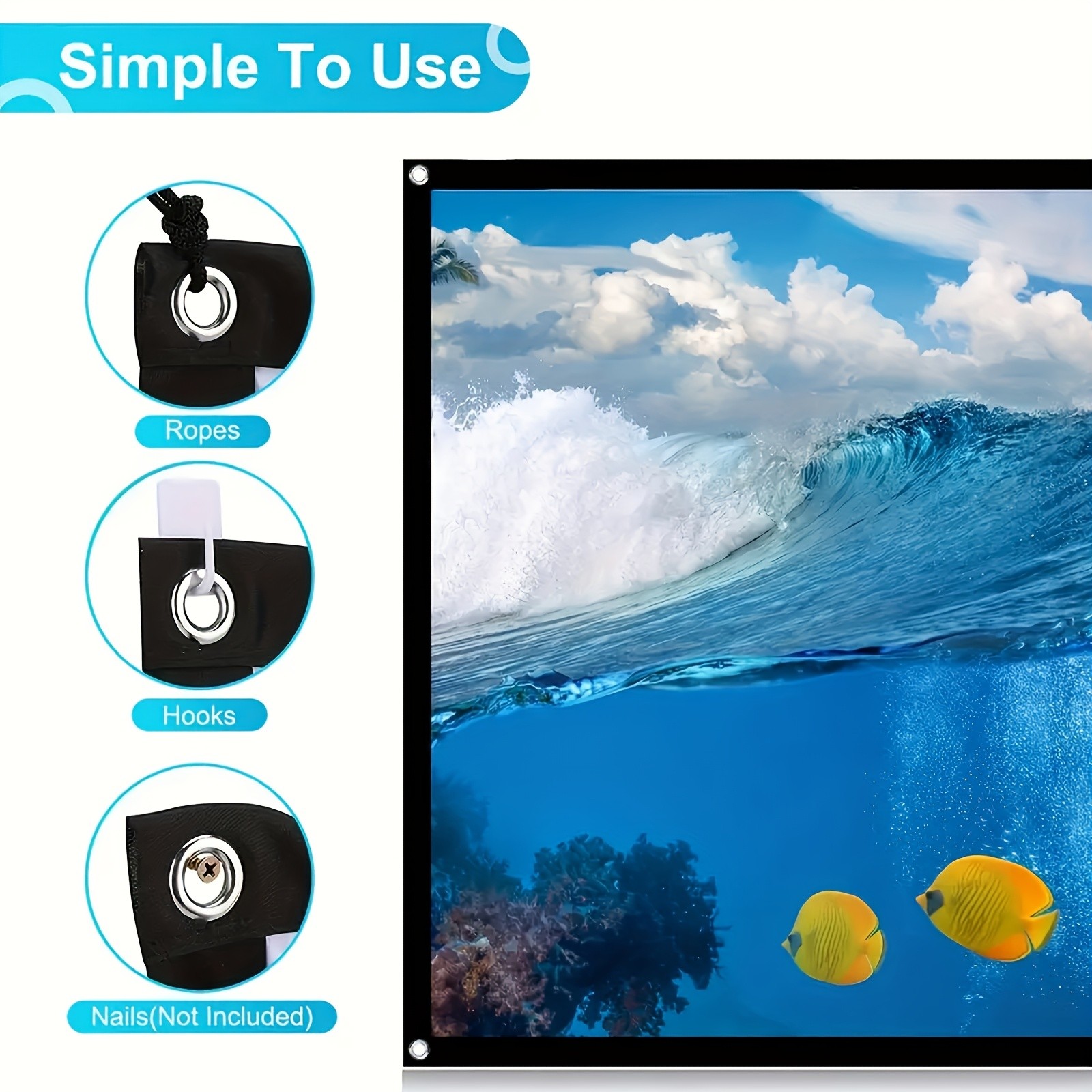 TUOGTCI 100-Inch 4K Ultra HD Portable Projector Screen with Hooks & Ropes