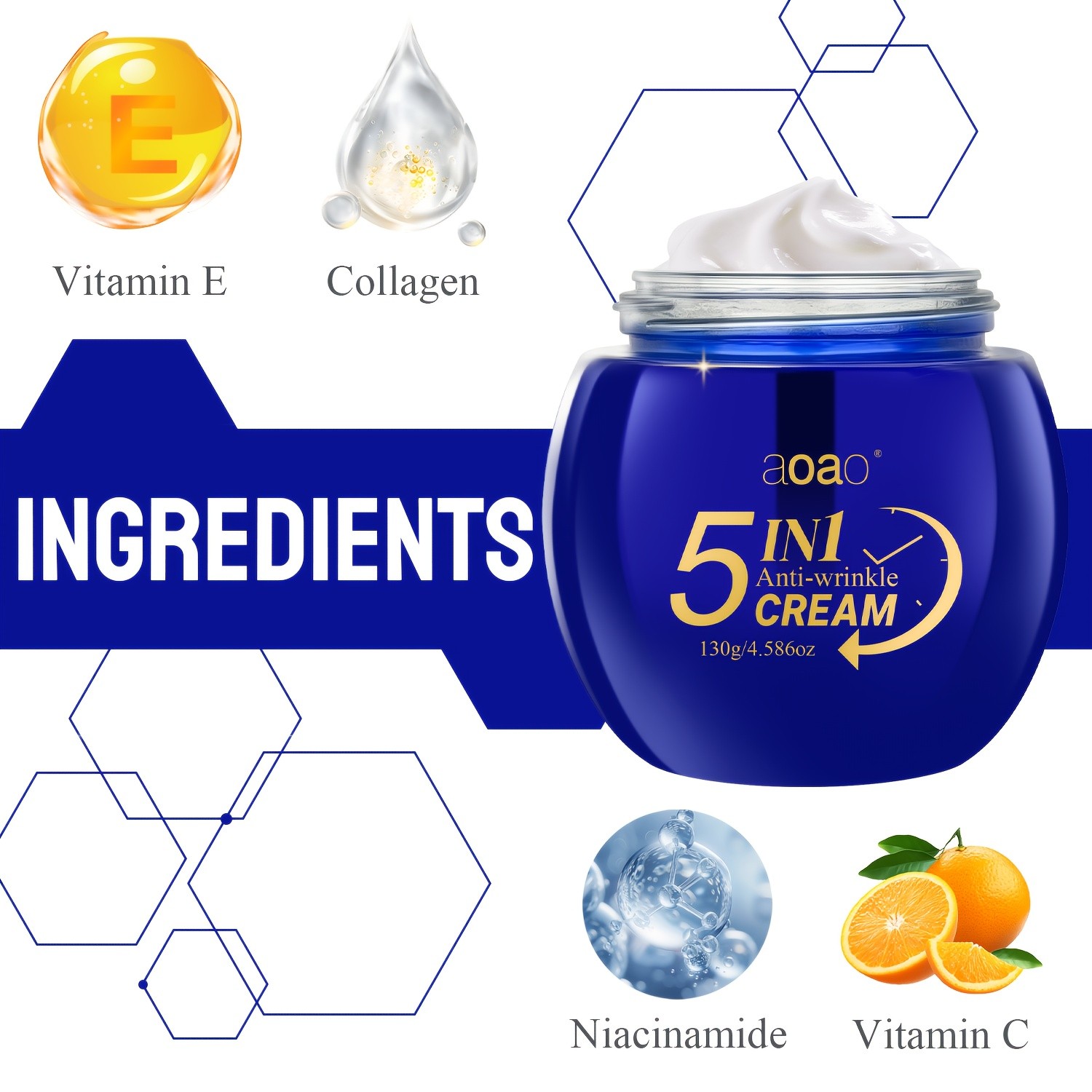 AOAO 5-in-1 Anti-Wrinkle Cream with Collagen, Vitamin C, E, Hyaluronic Acid & Aloe Vera