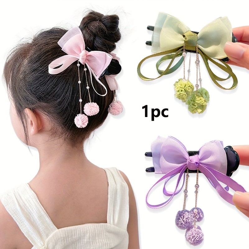 AYLHFO A Single Elegant Organza Bow Tassel Bead Pendant Acrylic Hairpin