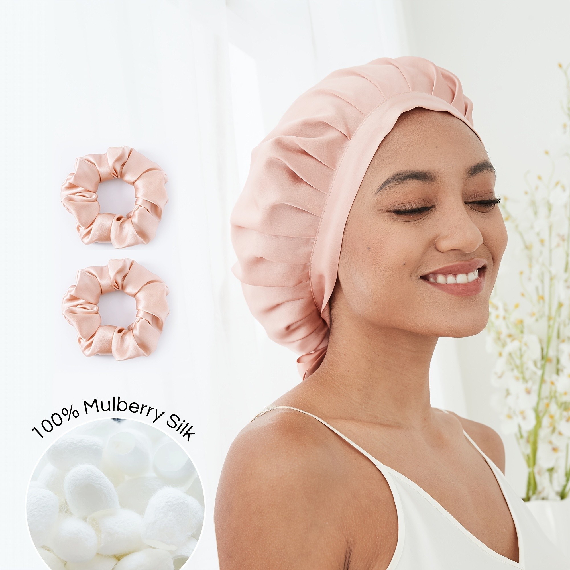 RACHELSILK 3pcs Set 100% Mulberry Silk Bonnet Sleep Cap & 2 Large Silk Scrunchies for Sleeping