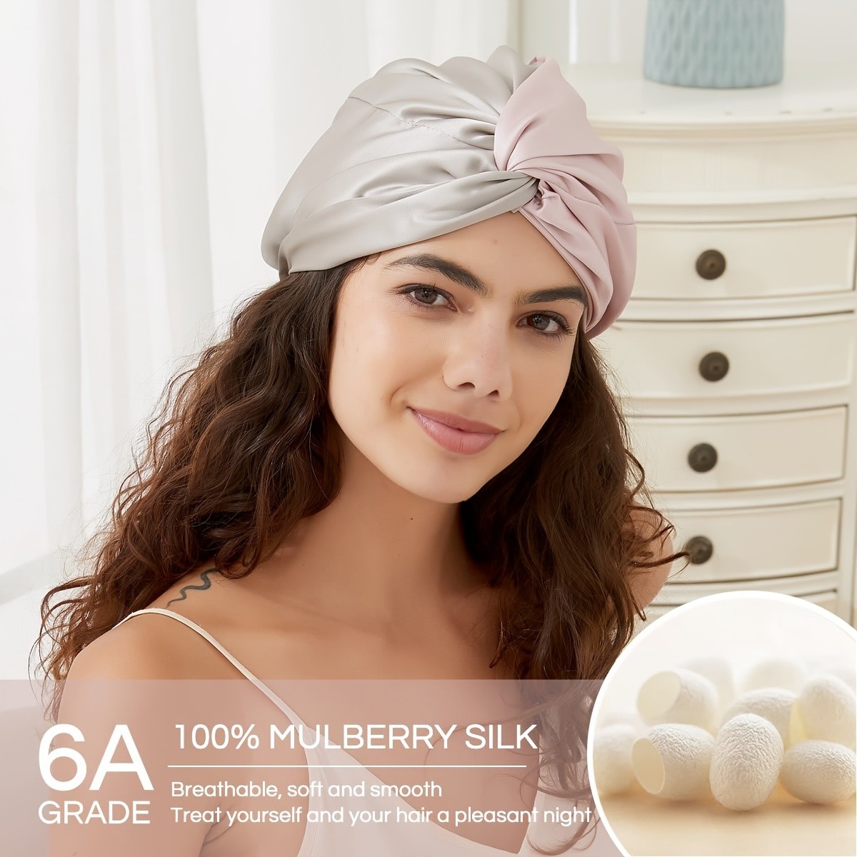 RACHEL SILK 100% Mulberry Silk Double-Layer Oversized Sleep Cap for Hair Care