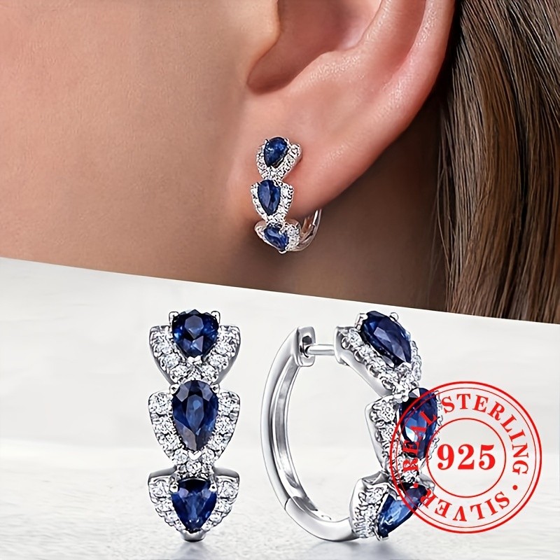 RYYM Elegant 925 Sterling Silver Hoop Earrings with Blue Synthetic Zircon