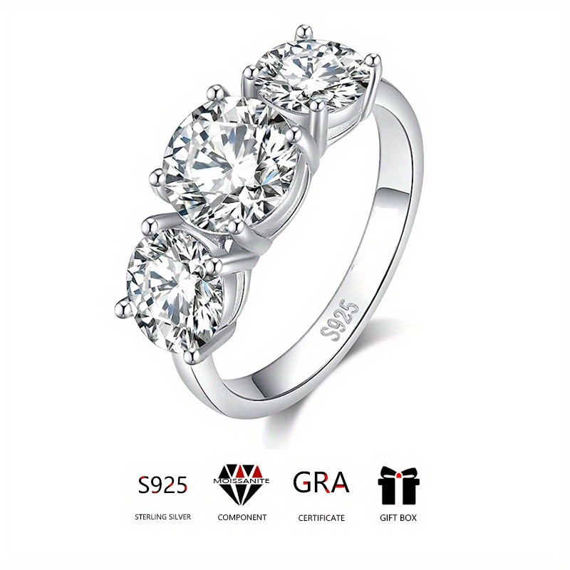 LOVESSOM 2 to 4 Carats Moissanite Three-Stone Ring