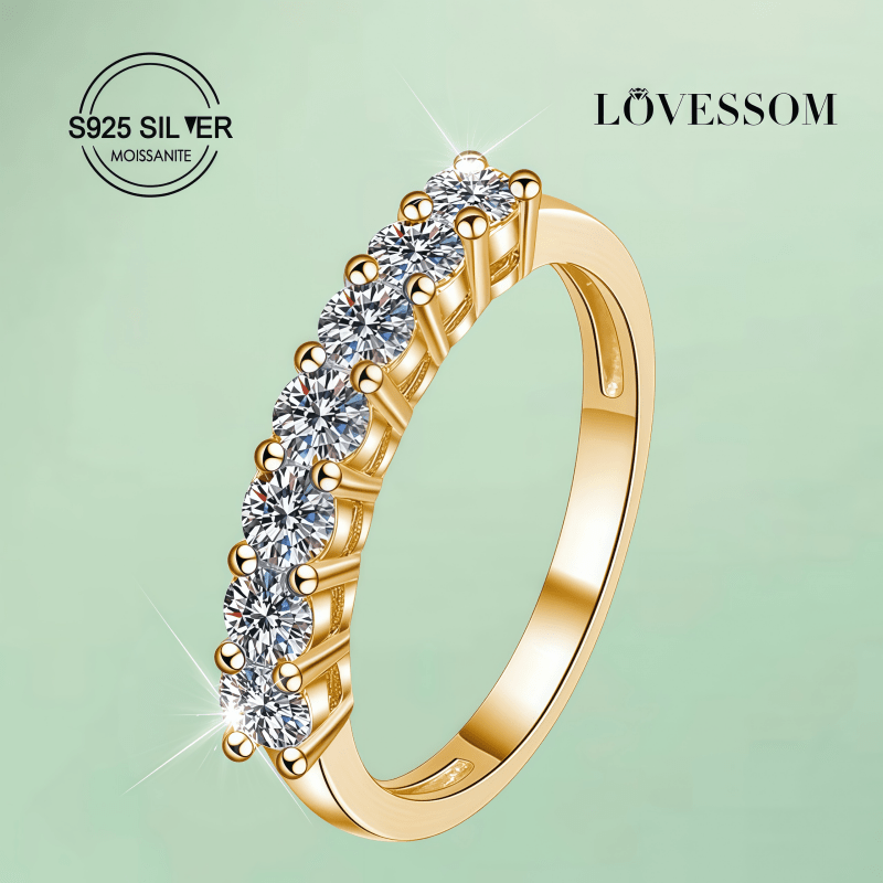 LOVESSOM 925 Silver 14K Gold Plated 0.7ct Moissanite Seven-Star Row Ring