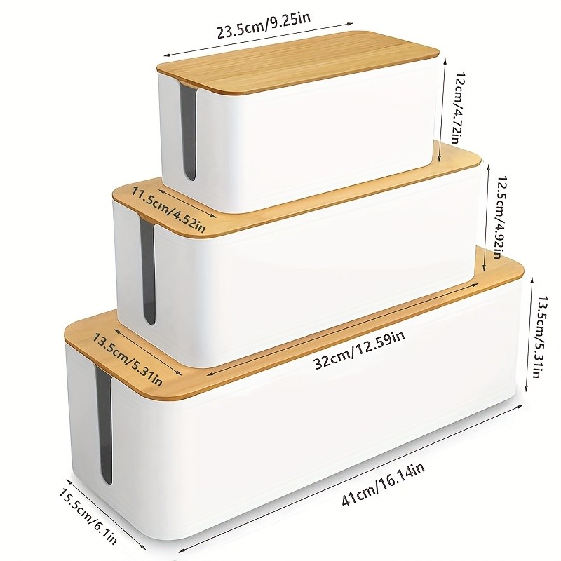 JCJX 3pcs Space-Saving Cable Organizer Boxes with Bamboo Lids