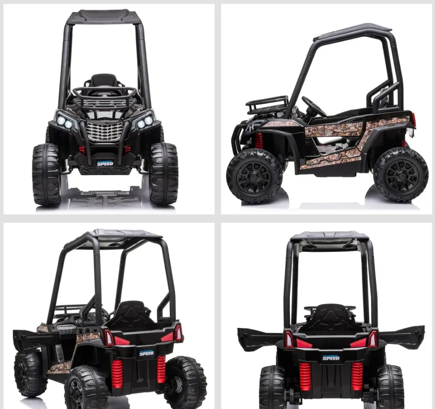 12V Kids Off-Road UTV Electric Ride On Car Black Camouflage High Roof Remote Control Lights MP3 Adventure Toys