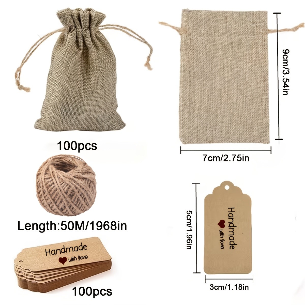 100pcs Hemp Rope Bags with 50M/roll Hemp Rope and 100pcs Card Labels
