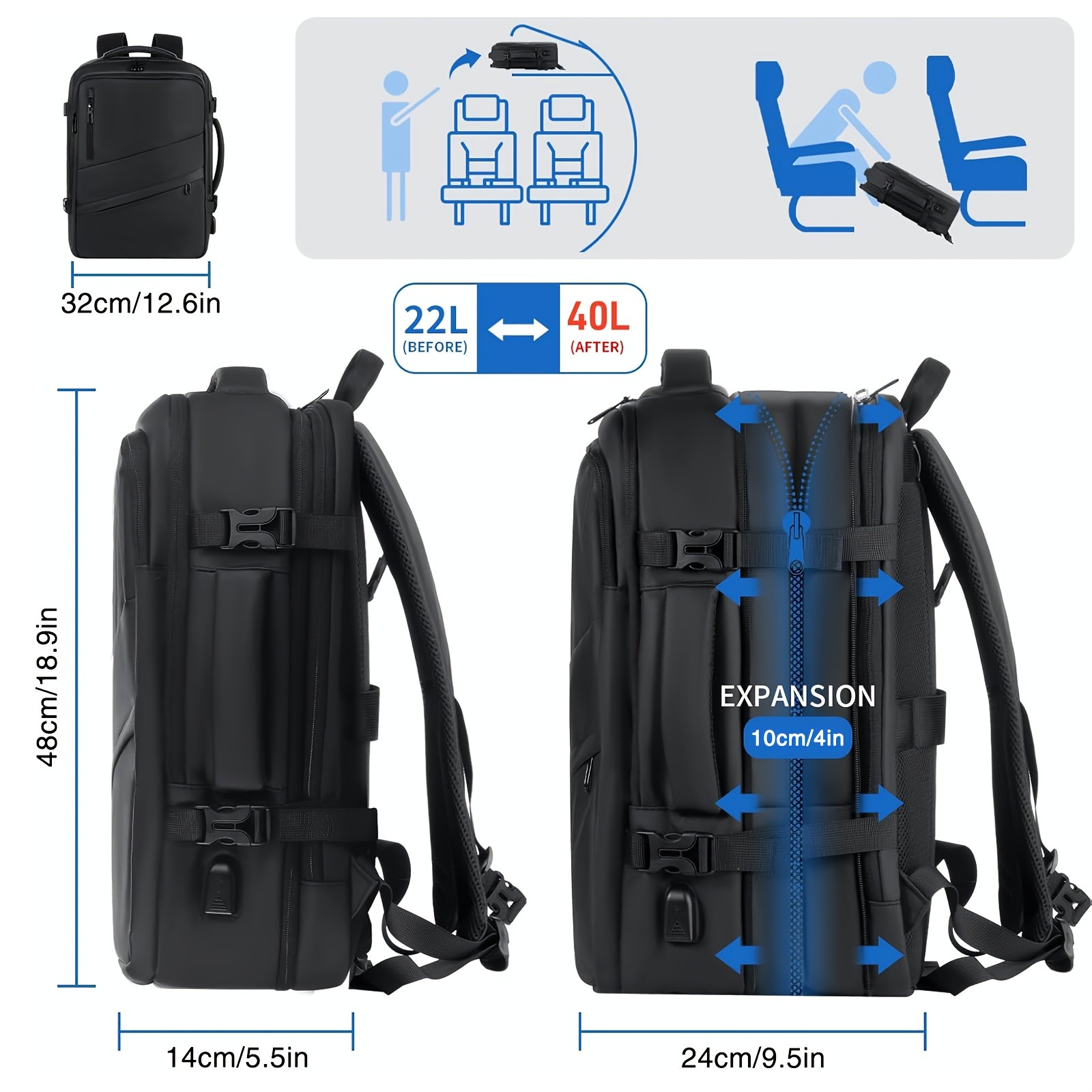HUABUPS Expandable Travel Backpack with USB Charging Port