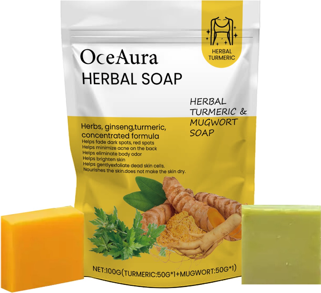 Oceaura Herbal Soap  Turmeric & Mugwort Soap for Dark Spots, Acne & Skin Brightening