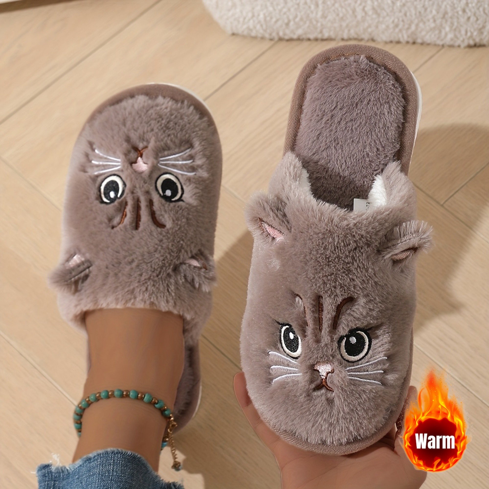 QEEDUOOF Women's Winter Indoor Plush Cat Warm Soft-Sole Slippers