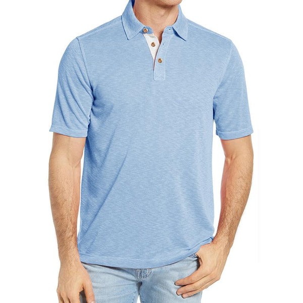 Men's Casual Cotton Polo Shirt with Contrast Lapel - Short Sleeve