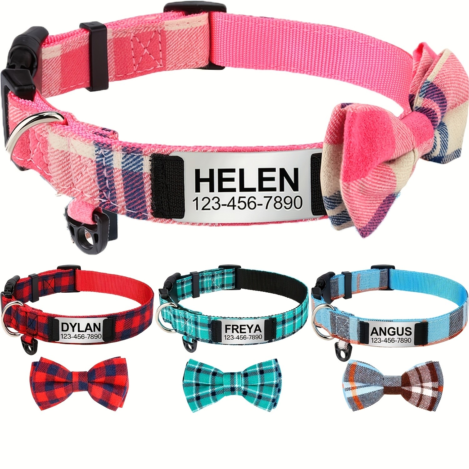 TAGME Personalized Dog Collar Featuring a Plaid Bow Tie