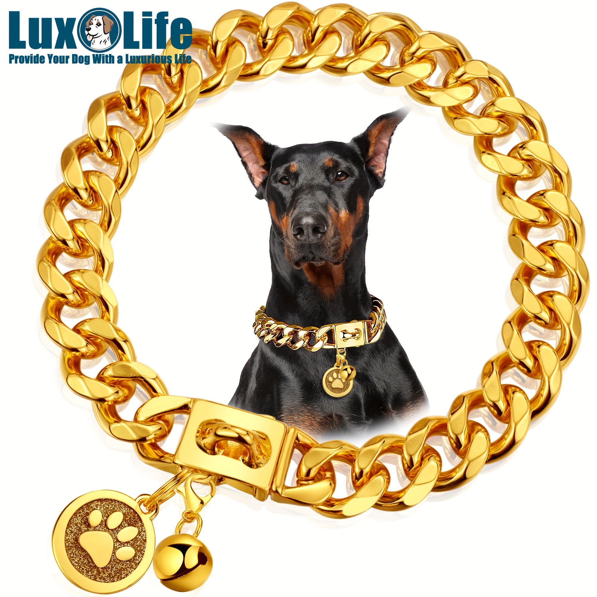 LuxLife 19mm Golden Dog Collar with Cuban Link Design