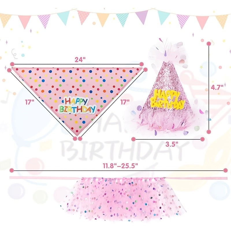 REALIKE Cute Pink Dress, Bandana, and Hat for Dog Birthday