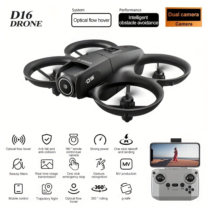 2025 New D16 Remote Control Mini Drone  Dual Cameras, Obstacle Avoidance, and Stunt Flip for Endless Fun