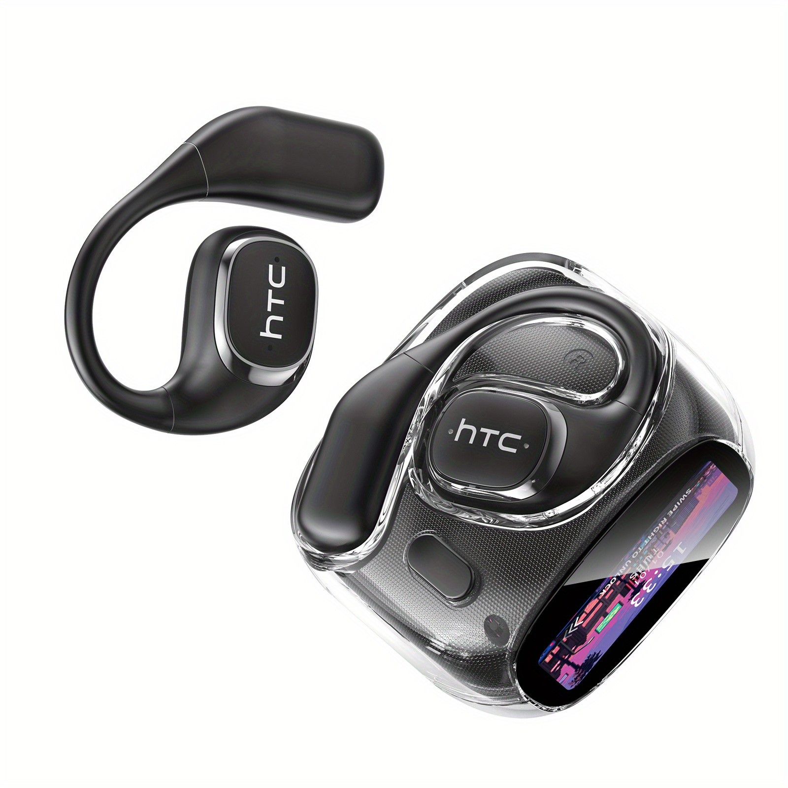 HTC NE11 Wireless Sports Earphones with LCD Smart Screen, Various Sound Effects, AI Intelligent Real-Time Translation, Wireless 6.0 Low Latency, Perfect for Gaming and Calls Ear Hooks Never Fall Off, Comfortable and Stable Wearing, Suitable for Active L