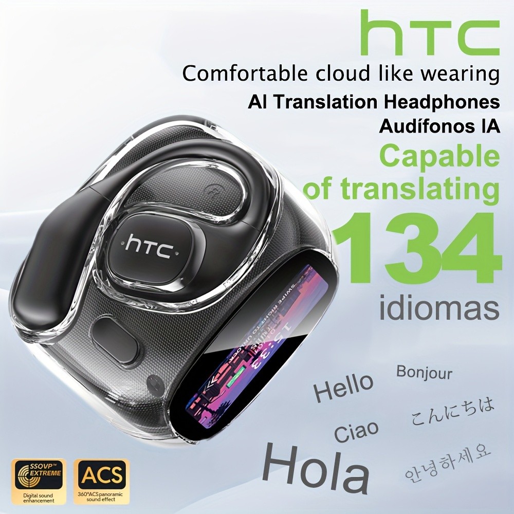 HTC NE11 Wireless Sports Earphones with LCD Smart Screen, Various Sound Effects, AI Intelligent Real-Time Translation, Wireless 6.0 Low Latency, Perfect for Gaming and Calls Ear Hooks Never Fall Off, Comfortable and Stable Wearing, Suitable for Active L