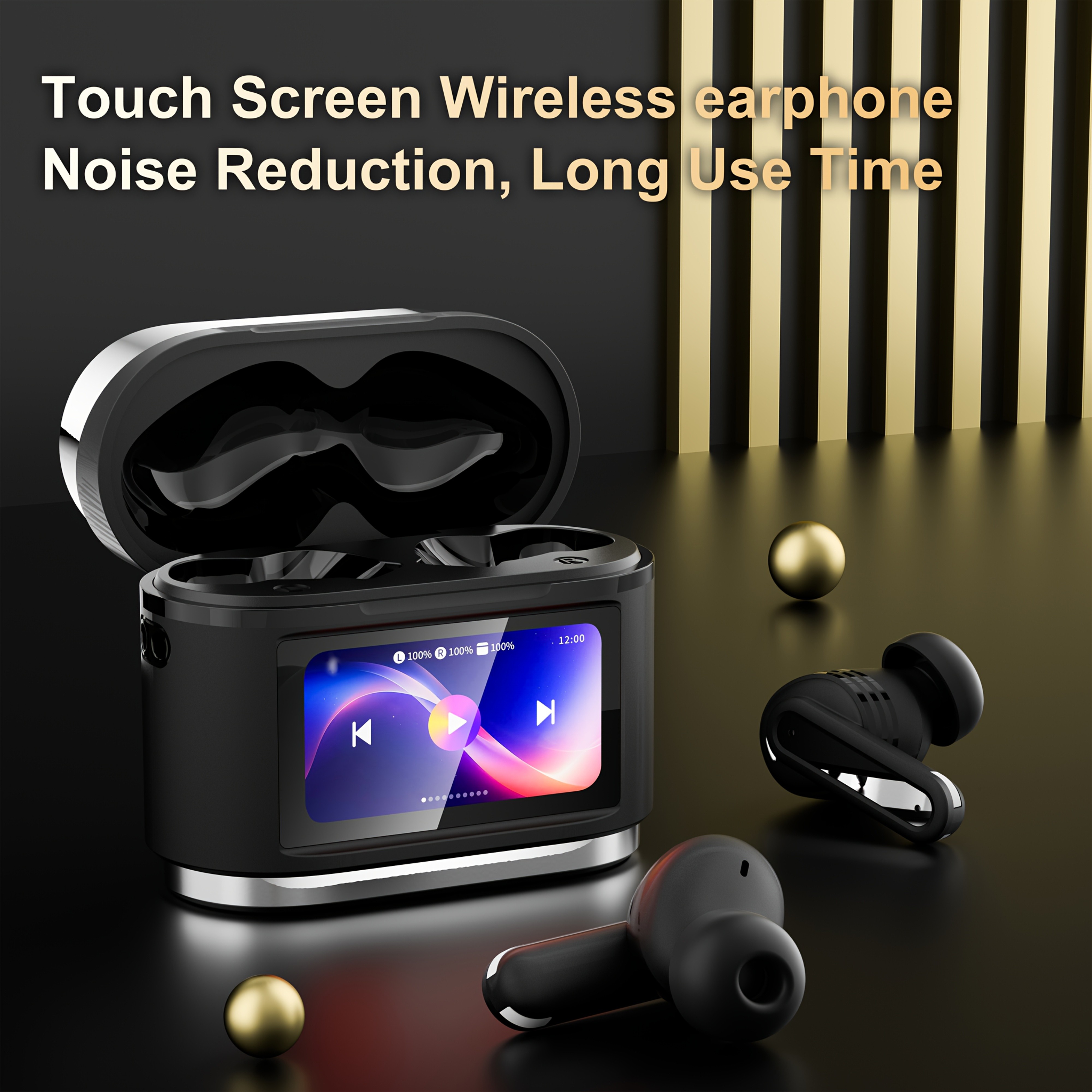 Active Noise-Canceling Headphones with Smart Digital Display Touchscreen, Wireless Earbuds Compatible with iPhone and Android, True Wireless TWS Earbuds, Featuring 6 Microphones for Perfect Calls, Voice Control, Up to 40 Hours of Gaming Time