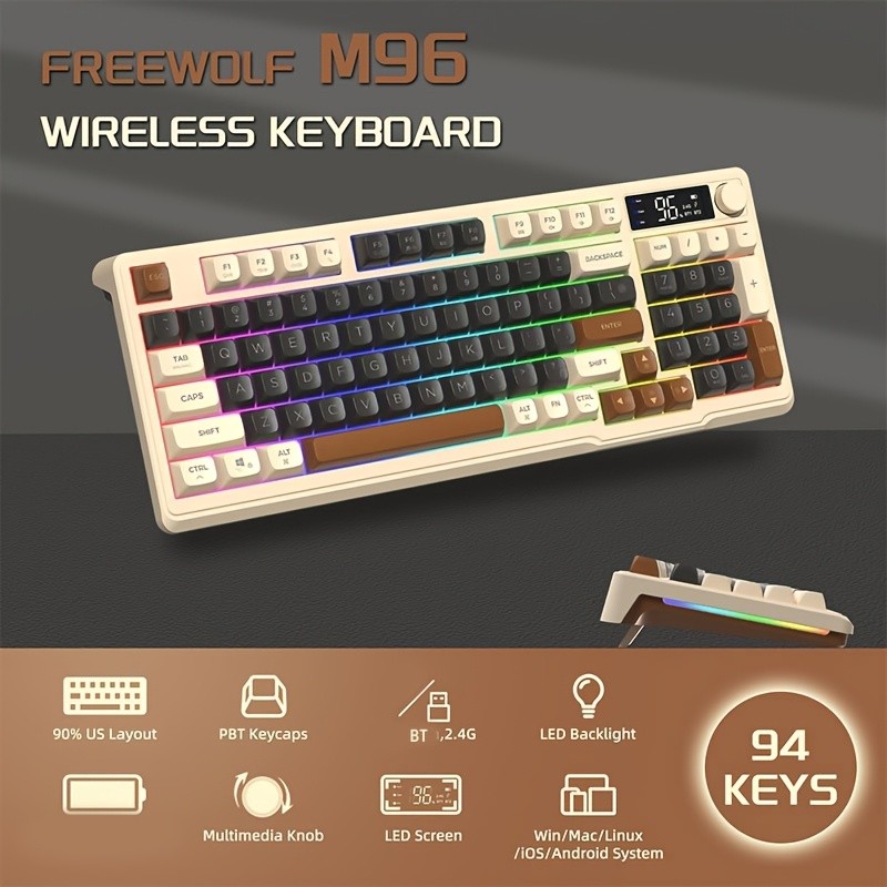 FREEWOLF M96 Wireless Membrane Gaming Keyboard  Features a Knob for Controlling Wireless/2.4G Wireless Mechanical Feel, RGB LED Backlighting with Display Screen, PBT Keycaps, US Keyboard Layout, and Compatible with Win/Mac