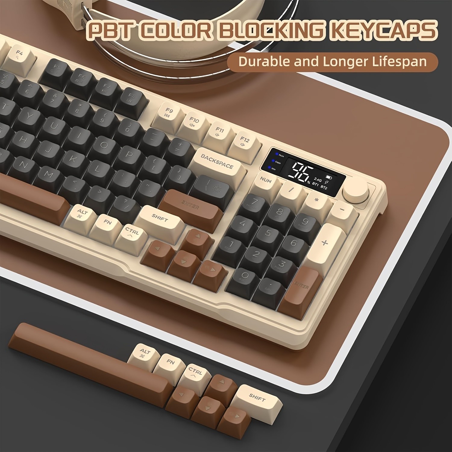 FREEWOLF M96 Wireless Membrane Gaming Keyboard  Features a Knob for Controlling Wireless/2.4G Wireless Mechanical Feel, RGB LED Backlighting with Display Screen, PBT Keycaps, US Keyboard Layout, and Compatible with Win/Mac