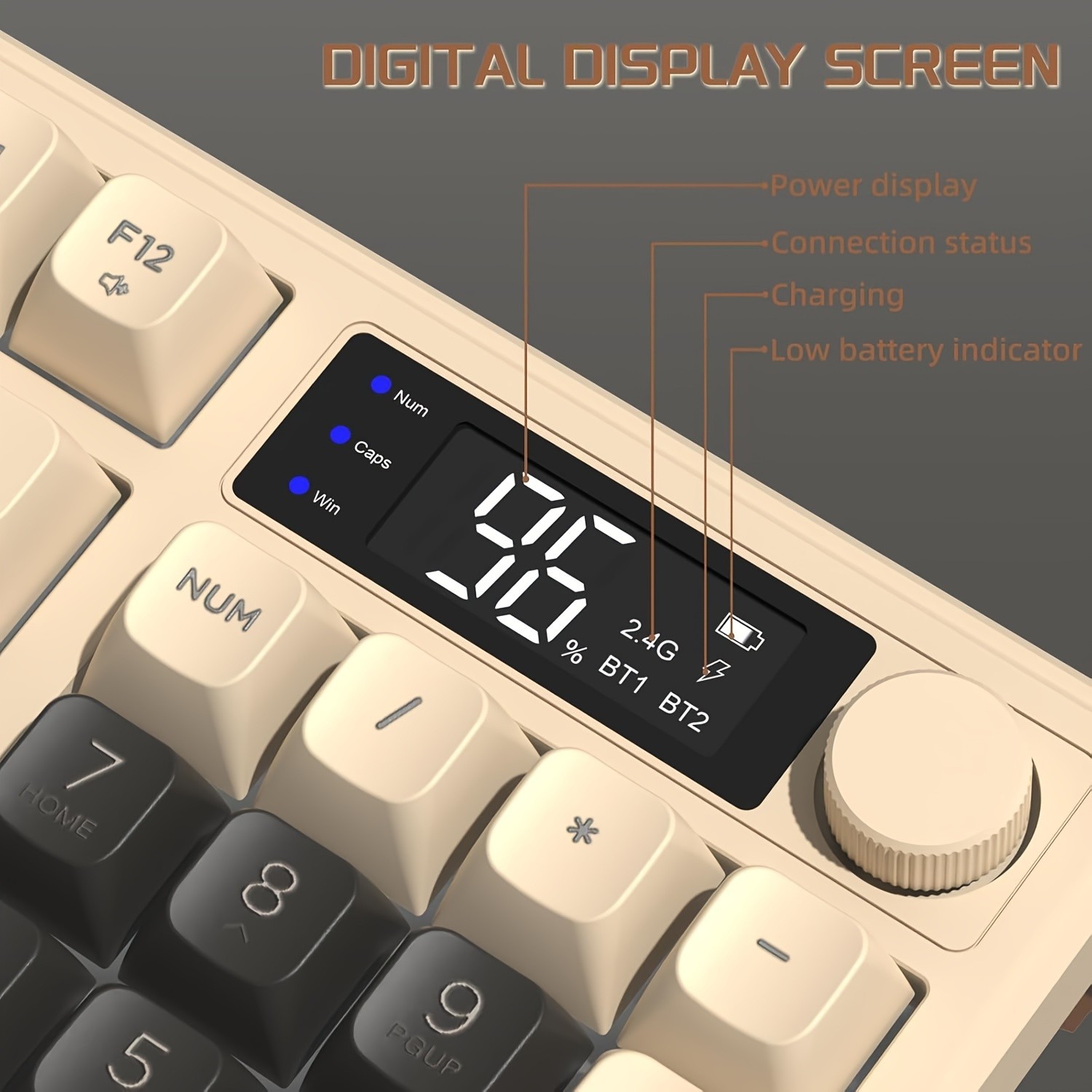 FREEWOLF M96 Wireless Membrane Gaming Keyboard  Features a Knob for Controlling Wireless/2.4G Wireless Mechanical Feel, RGB LED Backlighting with Display Screen, PBT Keycaps, US Keyboard Layout, and Compatible with Win/Mac