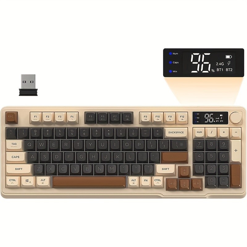 FREEWOLF M96 Wireless Membrane Gaming Keyboard  Features a Knob for Controlling Wireless/2.4G Wireless Mechanical Feel, RGB LED Backlighting with Display Screen, PBT Keycaps, US Keyboard Layout, and Compatible with Win/Mac