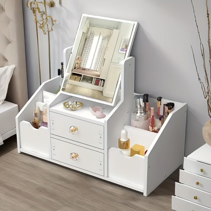 White Vanity Table with Mirror and Storage  Elegant Makeup Organizer