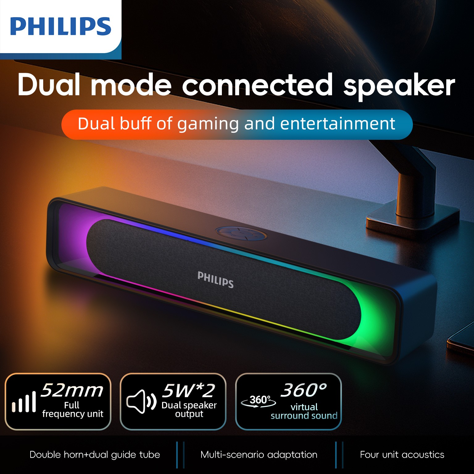 Philips Wired BT 5.3 Gaming Speaker  RGB Desktop Soundbar for Immersive Gaming Audio