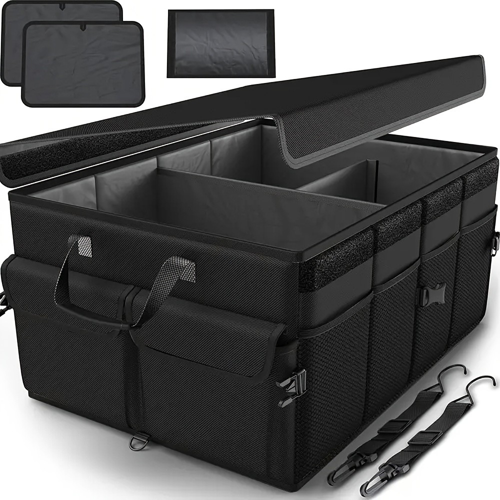 60L Heavy-Duty Foldable Car Trunk Organizer with Lid and Dividers