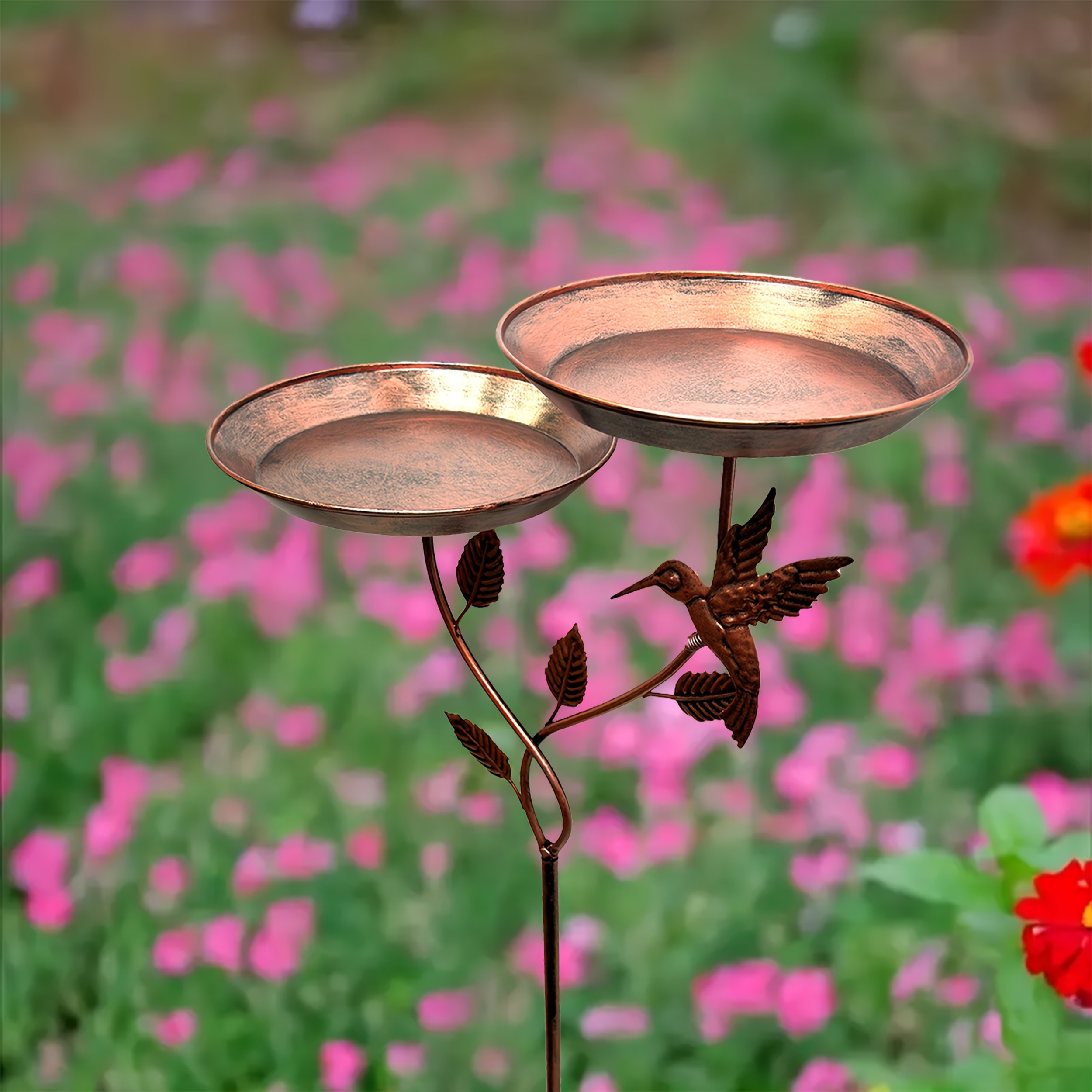 Iron Bird Bath Bowl with 3-Claw Base Post and Decorative Bird Feeders