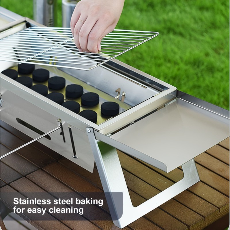 Portable Stainless Steel Charcoal Grill Foldable, Polished Finish with Carry Bag