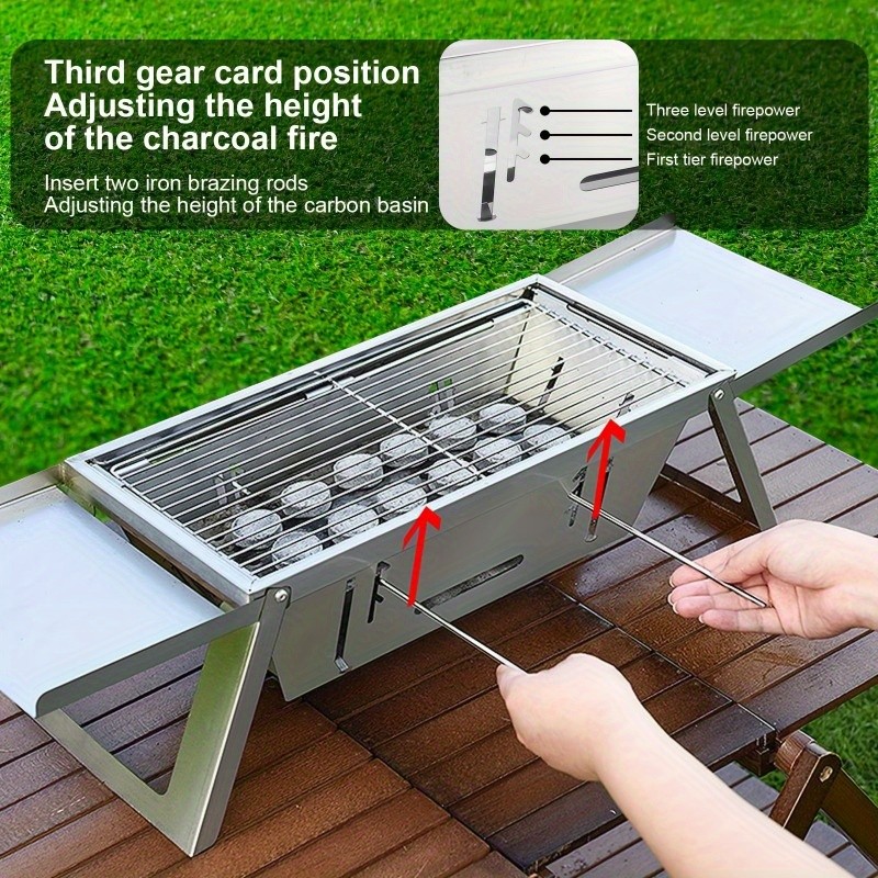 Portable Stainless Steel Charcoal Grill Foldable, Polished Finish with Carry Bag