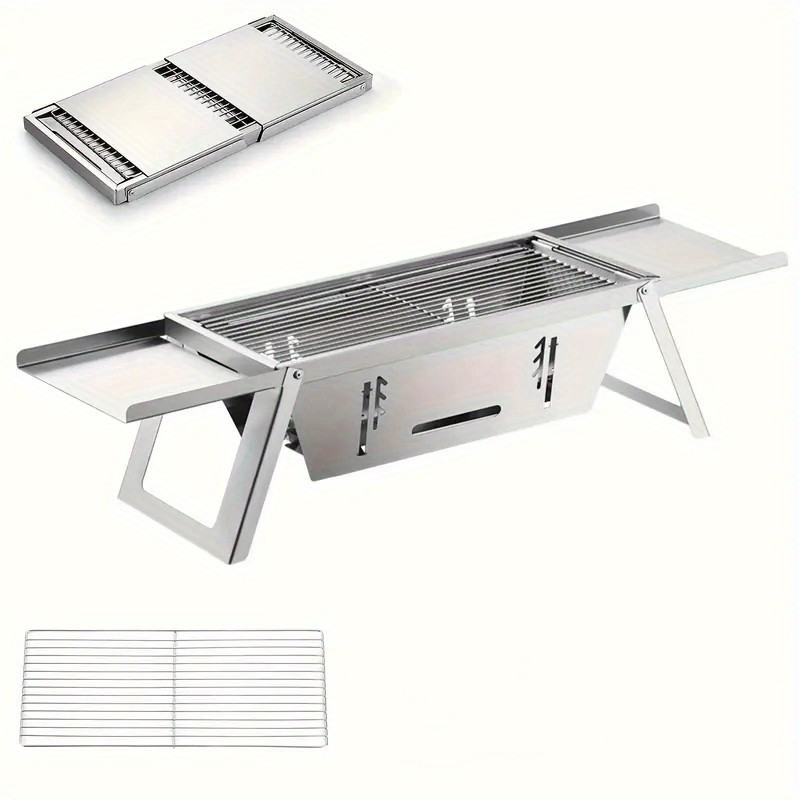 Portable Stainless Steel Charcoal Grill Foldable, Polished Finish with Carry Bag