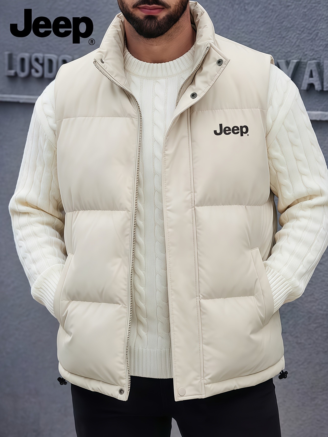 Jeep Mens Stand Collar Vest Thick Warm Fleece-Lined Jacket for Fall with Pockets