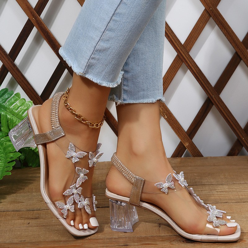 Rhinestone Floral Transparent Sandals