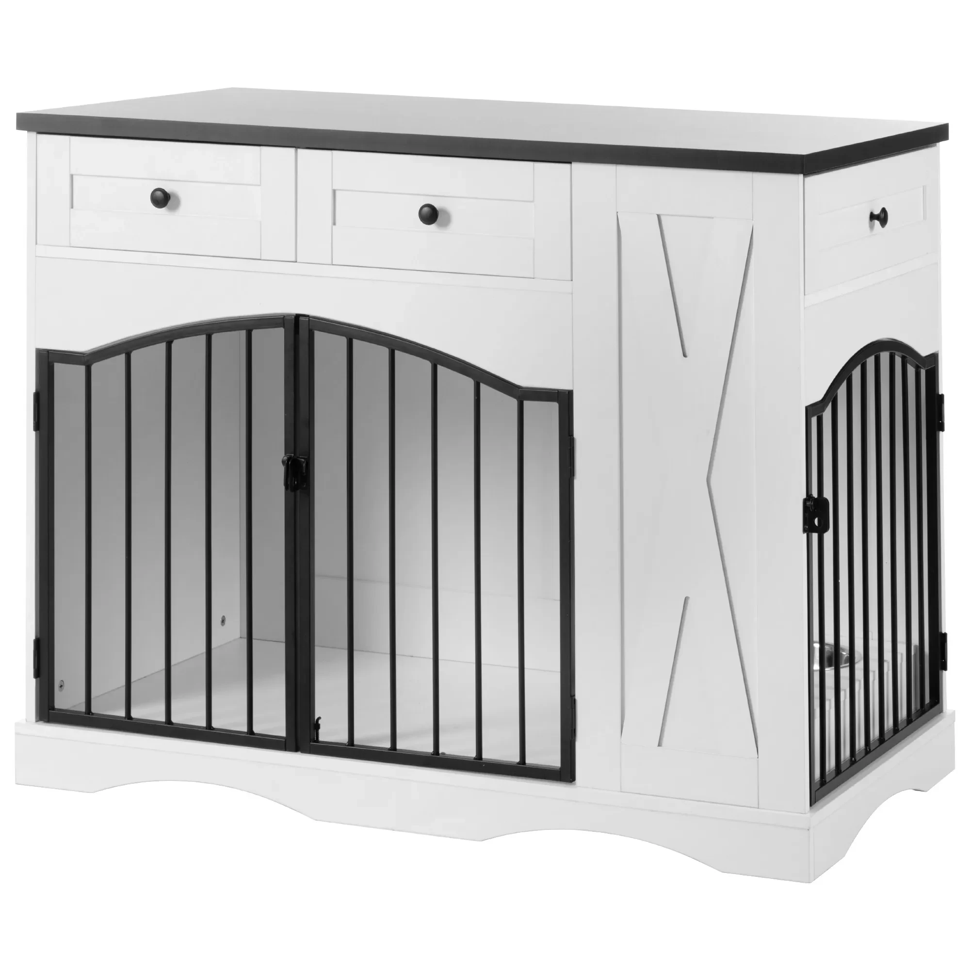 GO 43.3 Farmhouse Dog Crate Furniture, Heavy Duty Dog Crate With 3 Drawers, Indoor Wooden Dog Kennel With Removable Feeder, Dog Cage End Table For Medium Large Dogs, White